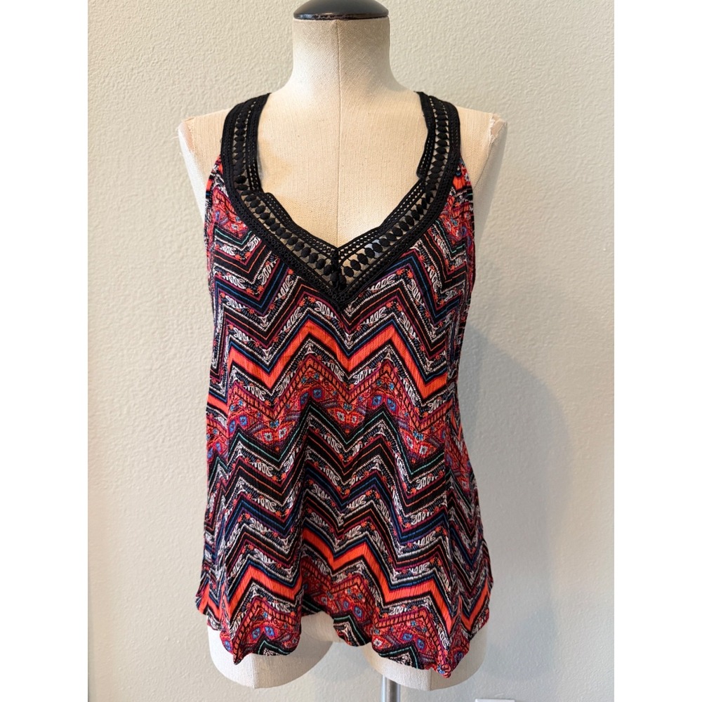 Ambiance Womens M Boho Chevron Tank Top Multicolor Crochet Racerback Sleeveless